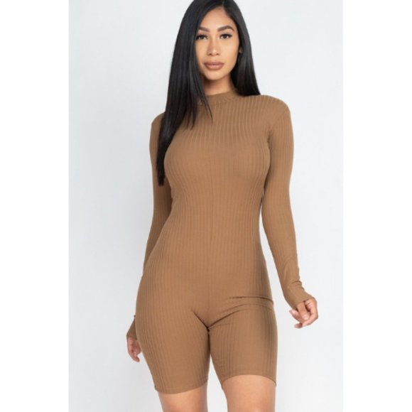 Women’s Brown Long Sleeve Ribbed Knit Romper - Picture 1 of 4